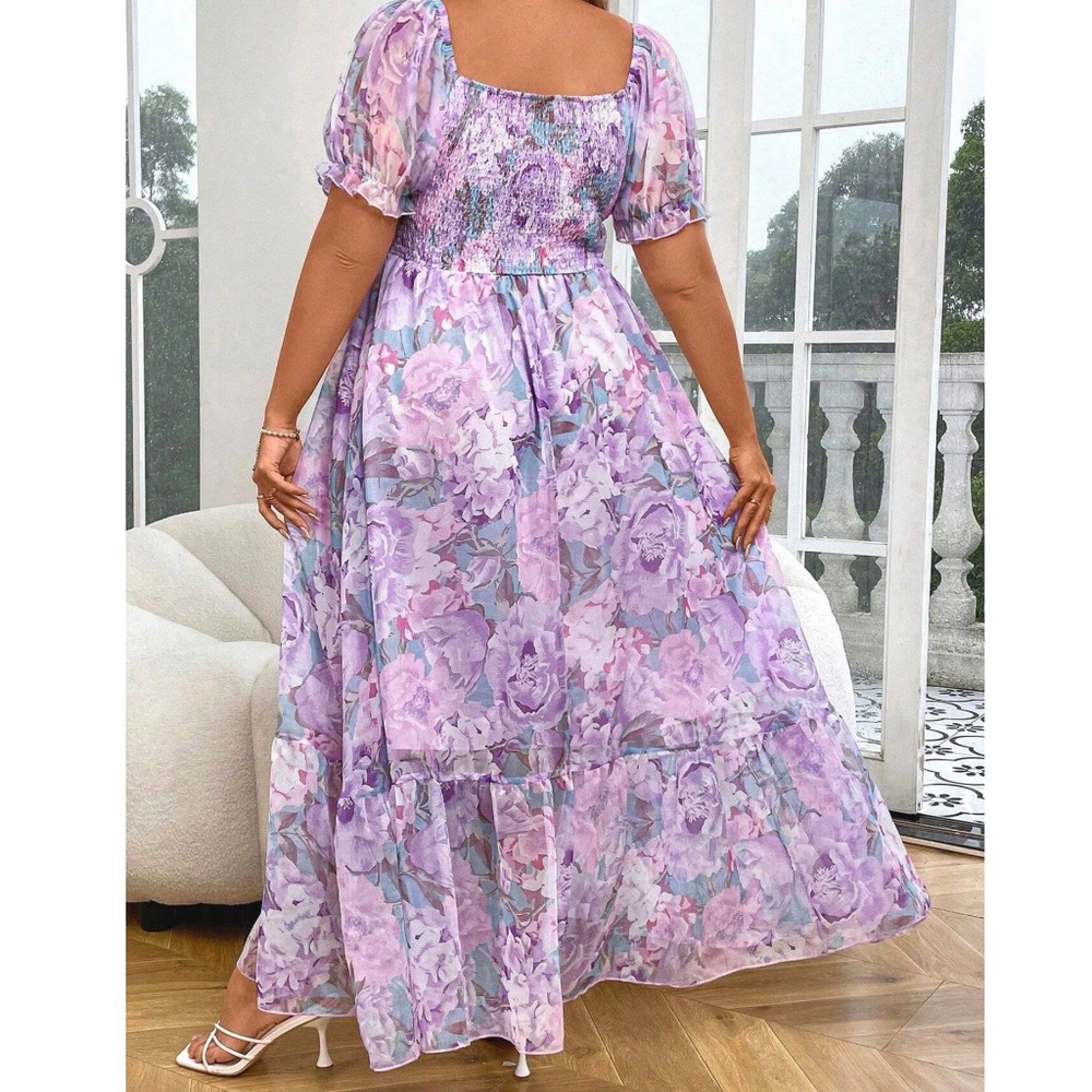 Plus Floral Print Smocked Bodice Puff Sleeve Ruffle Hem Dress - Picture 2 of 6
